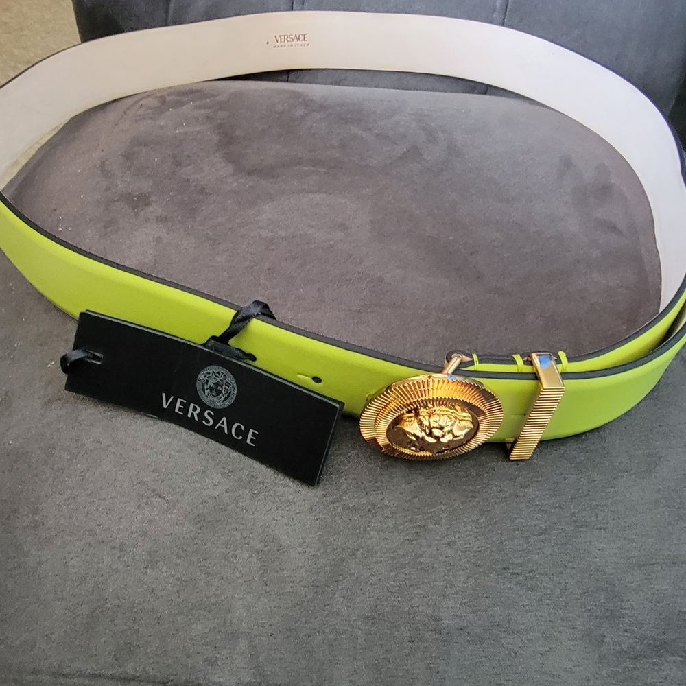 Versace  Unisex Green Belt with Gold Medusa Buckle